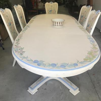 White Fine Furniture mahogany custom painted by Joan Peters dining table and set of 6 chairs $595
table 70 X 45 X 30
