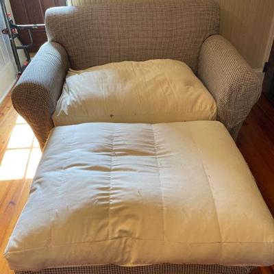 Love seat and ottoman (base cushions need covering) chair 32x49x38 ottoman 16x36x32 $300 the set