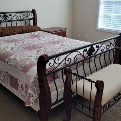Sleigh bed with bench and nightstand, Queen mattress and Box Spring