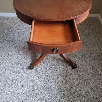 Round Pedestal Side table with drawer. 28