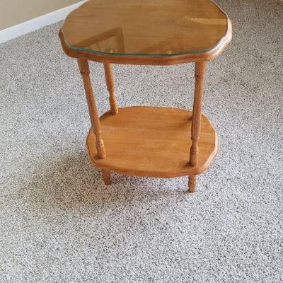 Wood side table with custom glass cut top