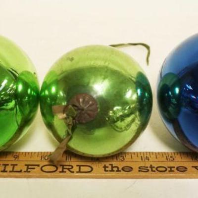 1111	ANTIQUE GERMAN GLASS KUGEL CHRISTMAS ORNAMENTS, GROUP OF 3,  APPROXIMATELY 5 IN X 4 IN
