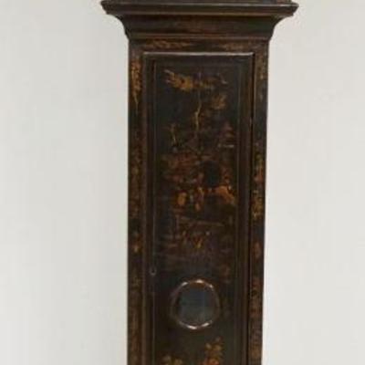 1186	GRIFFIN RAYENT ANTIQUE CONTINENTAL GRANDFATHERS CLOCK IN BLACK LACQUER CHINOISERIE CASE, BRASS FACE CLOCK FACE MARKED GRIFFIN...