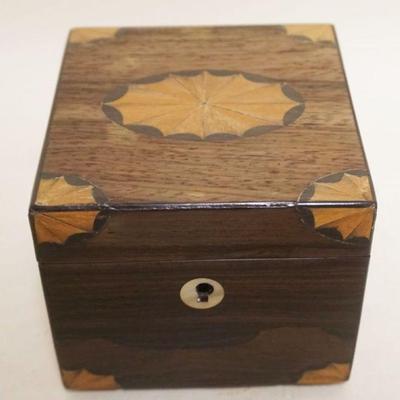 1105	ANTIQUE ROSEWOOD INLAID TEA CADDY, APPROXIMATELY 4 1/2 IN X 4 1/2 IN X 4 IN H
