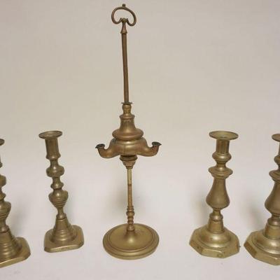 1073	ANTIQUE BRASS 3 BURNER WHALE OIL LAMP AND PUSH UP CANDLESTICKS, LAMP APPROXIMATELY 19 IN H

