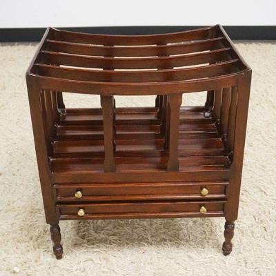 1168	MAHOGANY CANTERBURY MAGAZINE STAND W/2 DRAWERS AT BASE, APPROXIMATELY 19 IN X 14 I X 21 IN HIGH
