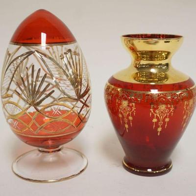 1048	BOHEMIAN GLASS RUBY CUT  AND GOLD VASE AND EGG, TALLEST APPROXIMATELY 7 1/2 IN H
