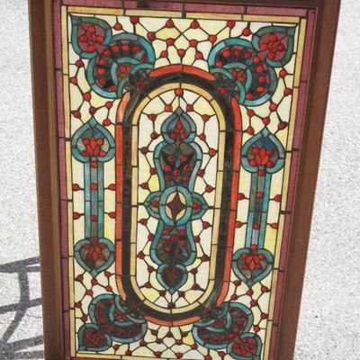 1036	ANTIQUE STAIN GLASS WINDOW IN FRAME, APPROXIMATELY 23 1/4 IN X 37 1/2 IN OVERALL
