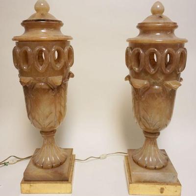 1015	PAIR OF LARGE URN ALABASTER LAMPS ON WOOD BASES, EACH APPROXIMATELY 28 1/2 IN H
