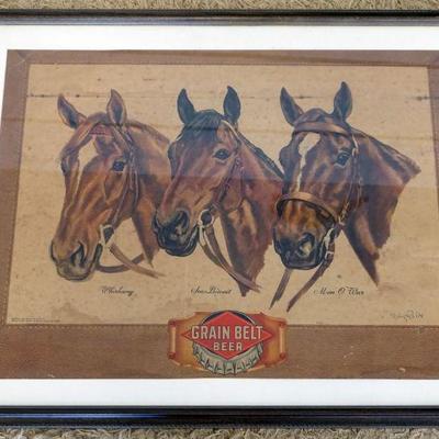 1114	LARGE FRAMED AND MATTED GRAIN BELT BEER ADVERTISING WITH IMAGE OF SEA BISCUIT, MA O WAR AND WHIRLAWAY, SOME CREASES AND STAINING,...