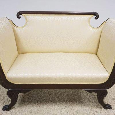 1190	ANTIQUE FEDERAL UPHOLSTERED SETTEE W/SCROLLED ARS & WINGED PAW FEET, APPROXIMATELY 50 IN X 23 IN X36 IN HIGH
