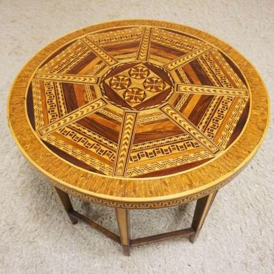 1161	GEOMETRIC INLAID OCCASSIONAL TABLE, APPROXIMATELY 28 IN X 21 IN HIGH
