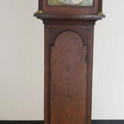 1196	ANTIQUE MAHOGANY TALL CASE CLOCK, BRASS FACE, CHARLES LUNAR ABERDEEN, CASE HAS LABEL, BONNET HAS VENEER LOSS, APPROXIMATELY 10 IN X...