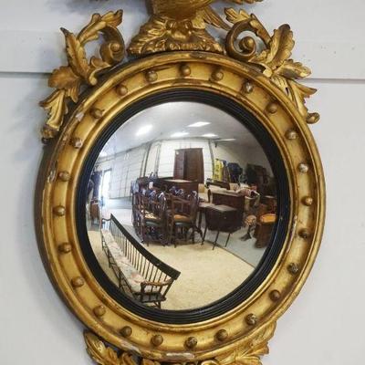 1180	ANTIQUE GILT FEDERAL *BULLSEYE* CONVEX MIRROR W/CARVED EAGLE & SCROLLED LEAFED VINE ON CREST, LOSS TO GILTING, APPROXIMATELY 30 IN X...