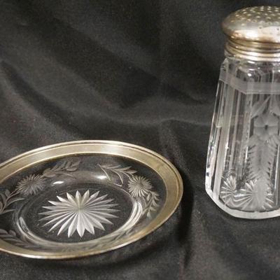 1066	ANTIQUE WHEEL CUT SHAKER WITH STERLING SILVER LID, APPROXIMATELY 5 1/2 IN AND WHEEL CUT PLATE WITH STERLING SILVER BORDER
