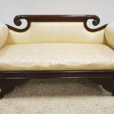 1188	ANTIQUE FEDERAL MAHOGANY UPHOLSTERED SOFA W/CARVED SWAN ARMS & WINGED CLAW FEET, UPHOLSTERY HAS WEAR, APPROXIMATELY 65 IN X 26 IN X...