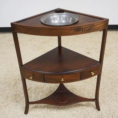 1194	ATIQUE FEDERAL MAHOGANY ONE DRAWER CORNER WASH STAND W/PEWTER INSERT, APPROXIMATELY 24 IN X 17 IN X 32 I HIGH

