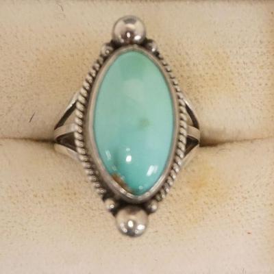 1221	NAVAJO SIGNED CORTEZ H J.W. TURQUOISE STONE RING, SIZE 5
