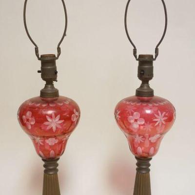 1075	PAIR OF ANTIQUE KEROSENE LAMPS WITH CRANBERRY TO CLEAR FONTS ON MARBLE BASES, BURNER REPLACED WITH LIGHT FIXTURES, EACH...