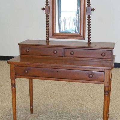 1204	ANTIQUE WALNUT 3 DRAWER STEP BACK DRESSING TABLE WITH SPOOL TURNNED MIRROR RAILS, APPROXIMATELY 38 IN X 20 IN X 60 IN H
