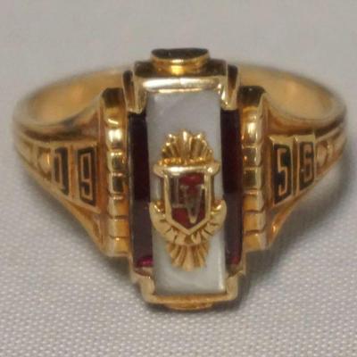 1219	SPIES BROS 10K 1956 SCHOOL RING, MARKED LV, SIZE 6.5, 3.04 DWT WITH STONES
