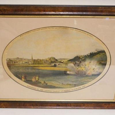 1138	FRAMED ANTIQUE LITHOGRAPH EASTON PA GETTER ISLAND, CHARLES GETTER *EXPLOSION OF THE ALFRED THOMAS AT EASTON PA MARCH 6TH 1860*...