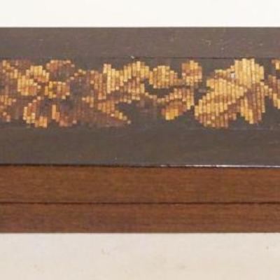 1106	ANTIQUE INLAID MINIATURE COVERED BOX, APPROXIMATELY 6 1/2 IN X 1 1/2 IN X 1 IN H
