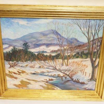 1130	RAYMOND S PEASE 1941 VERMONT LANDSCAPE, OIL ON CANVAS, SOME PAINT LOSS BY SIGNATURE, APPROXIMATELY 20 IN X 24 IN OVERALL
