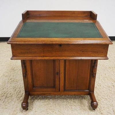 1158	ANTIQUE DOVETAILED WALNUT DAVENPORT DESK W/SINGLE DOOR COMPARTMENT & 3 DRAWERS W/GRAPE CARVED PULL HANDLES & LEATHER TOP,...
