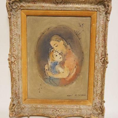 1135A	MAXWELL STUART SIMPSON AMERICAN OIL PAINTING OM CANVAS BOARD OF MOTHER HUGGING YOUNG GIRL, APPROXIMATELY 13 IN X 17 IN OVERALL
