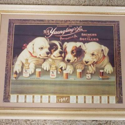 1120A	ANTIQUE BEER 1907 FRAMED CALENDAR DG YUENGLING & SONS DEPICTING DOGS AT A BAR LISTENING TO A *GOOD STORY*, APPROXIMATELY 34 1/4 IN...