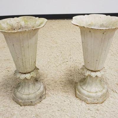 1173	2 CAST METAL SCALLOPED EDGE GARDEN URNS/PLANTERS, EACH APPROXIMATELY 20 IN HIGH
