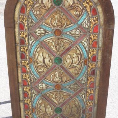 1037	ANTIQUE STAIN GLASS WINDOW IN FRAME, APPROXIMATELY 39 1/2 IN X 21 IN OVERALL
