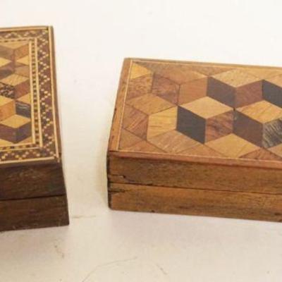 1107	ANTIQUE INLAID MINIATURE MAHOGANY COVERED BOXES, LARGEST APPROXIMATELY 2 1/2 IN SQ X 1 1/4 IN H

