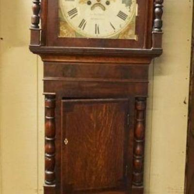 1185	ANTIQUE CONTINENTAL GRANDFATHERS CLOCK IN MAHOGANY & OAK CASE, CLOCK W/MOON DIAL PAINTED ON FACE W/NAME JN GRIFFITH BETHESDA, CASE...