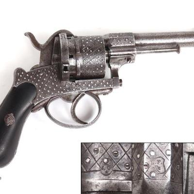 French Silver Inlaid Pinfire 6-Shooter Pistol, LeFauchex 1800s