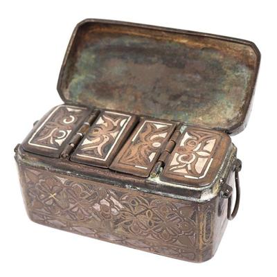 Early Heavy Filipino Betel Nut Box, Silver Inlay