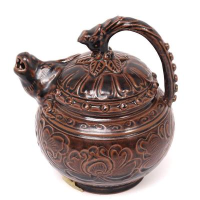 Olive Brown Glazed Chinese Imitation Teapot, Lion Spout