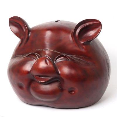 Huge Wood Carved Happy Pig Piggy Bank