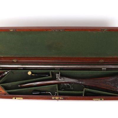 Fine French Percussion Double Barrel Cased Gun, by J. Streels