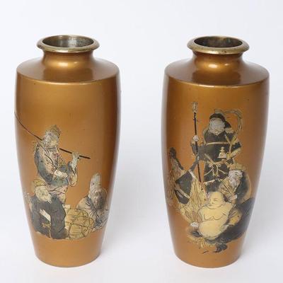 Japanese Samurai Mixed Metal Style Pair of Vase