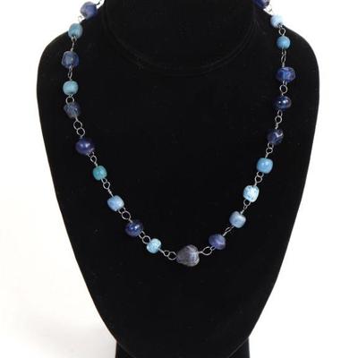 Viking Blue Bead Rosary Necklace w/ Oxidized Sterling Silver