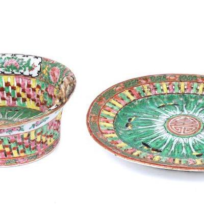Chinese Rose Medallion Reticulated Fruit Basket and Plate