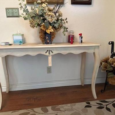 #1072 â€¢ Wooden Entry Table with Faux Plants, Candle
