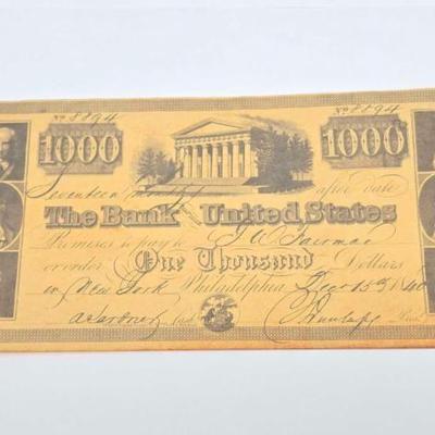 #134 â€¢ 1840 $1000 Bank of the United States Banknote
