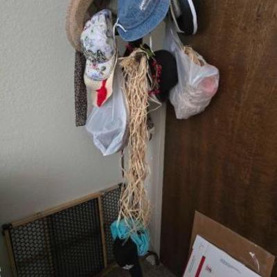 #1416 â€¢ Wooden Hat Rack with Hats and Baby Gate
