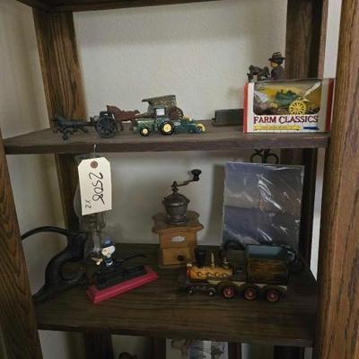 #2508 â€¢ Wooden Model Train, Miniature John Deere Farm Classics, Vintage Coffee Grinder
