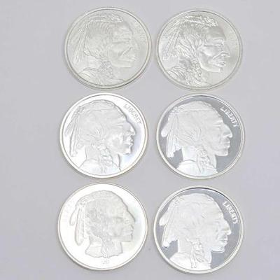 #104 â€¢ (6) 1oz .999 Fine Silver Buffalo Coins
