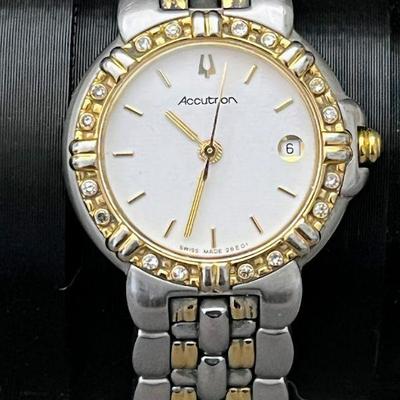 Vintage Accutron T6 Ladies Watch Designed By Bulova, Stainless Steel Two Tone With Date And Diamond Bezel