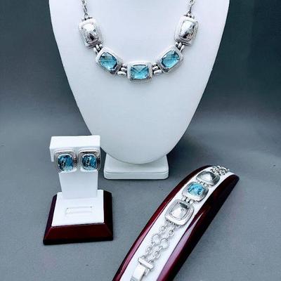 Brighton From The Balanced Collection, Blue And Silver Necklace, Clip Earrings, Bracelet Set, Retail $200